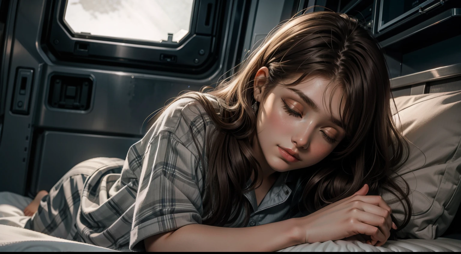 Sleeping  girl lying down posing inside a caravan truck next to the caravan truck door, put your head on the pillow, Dark night sky in mountain cave, Turn of Light, Lights on, 22 years old, Ultra-realistic, She is wearing pajamas, brown hair. Perfect hands and perfect fingers. Perfect details for caravan trucks