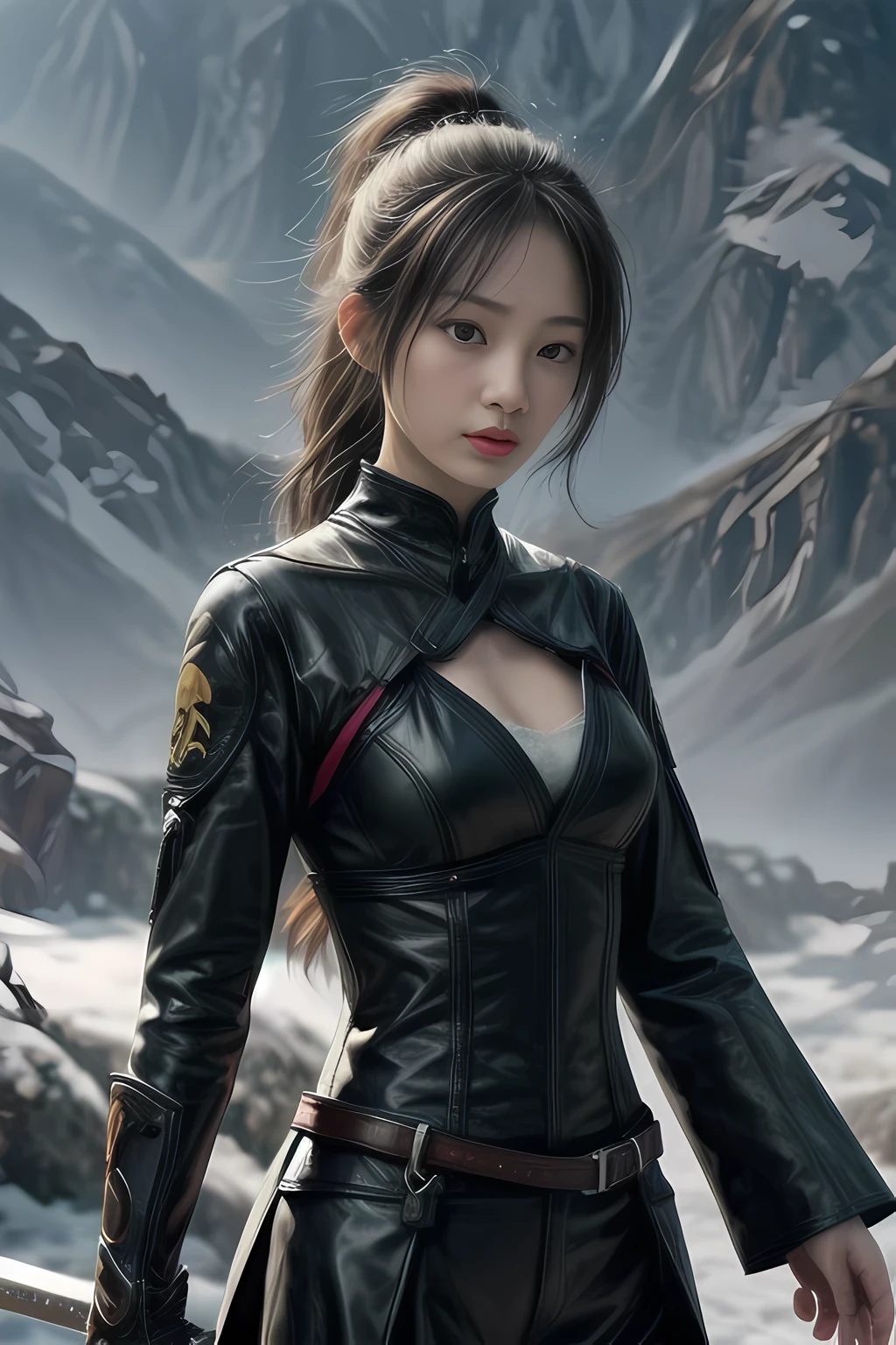 Leo woman, Attractive forward leaning detailed skin, Hyper-realistic 8K CG, picture-Perfect face, Flawless, Clean, masterpiece, Professional artwork, Famous Artworks, Movie Lighting, Movie Bloom,((Black Hair)),(1 Girl, Beautiful Korean girl),Perfect face, (young:1.1),((Fit the figure)),((25 years old)), Pretty Face, Beautiful blue eyes,Detail eyes, Facial details, (((Perfect female body, Willow Waist))),(Large Breasts:1.3)Lola:GoodHands-beta2:1>, , ((Girls stand)),Upper Body,Blade sideways,Striking posture,Blade down,Blade right hand,, Cherry blossoms,, (masterpiece, best quality, high quality, high resolution, Super detailed),