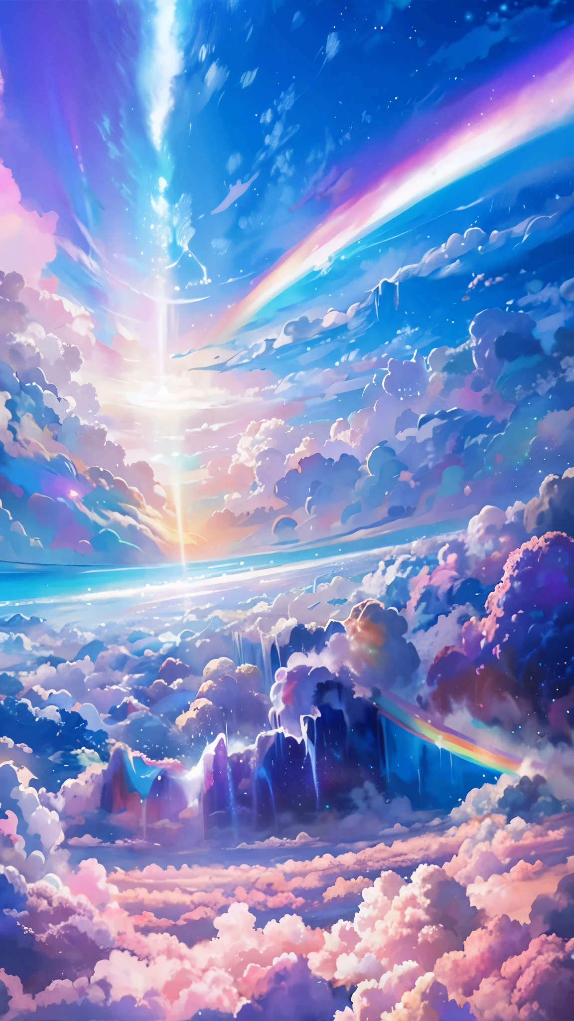 雲と虹のあるIridescent skyの絵, So colorful and heavenly, Mysterious rainbow halo, Bright rainbow halo, rainbow clouds, Colors of Heaven, About space cloudscapes, Sunny rainbow galaxy stormy ocean, rainbow clouds, Fantasy Naihong, rainbow clouds, Sitting on a cloud in space, Heavenly planets in the background, Iridescent sky, Heavenly atmosphere