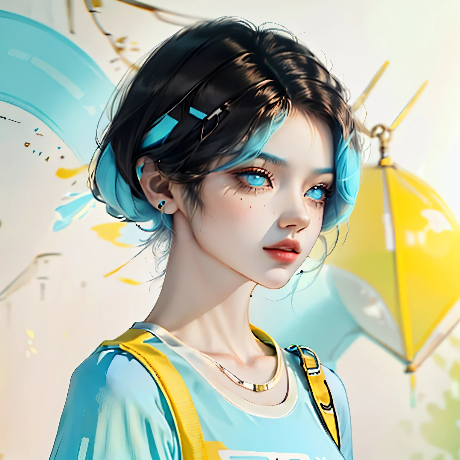 In camp camp style, an androgynous young italian person with dark hair and cyan eyes, wearing a yellow t-shirt and black leggings that fade to cyan and cyan high heeled sneakers