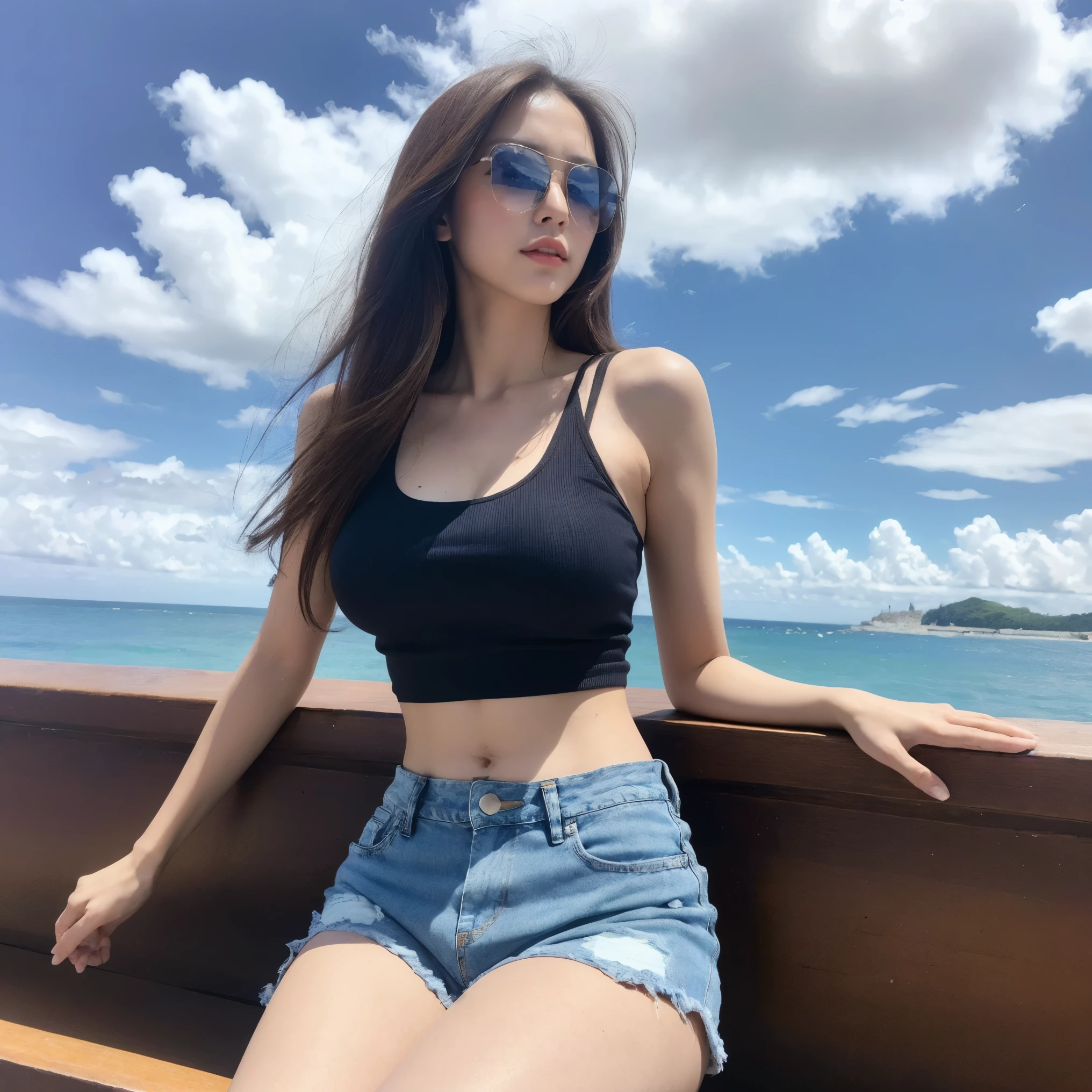 (Daytime, wonderful, 8k, masterpiece:1.3)), whole body, Long legs, focal distance: 1.2, Perfect body beauty: 1.4, Slim Abs: 1.1, ((Dark brown hair, Big Breasts: 1.2 )), (Wear skinny shorts, shirt，Are standing: 1.2), ((Ocean, Blue sky and white clouds: 1.3)), Highly detailed face and skin texture, Fine grain, double eyelid, long hair flying, Wearing sunglasses