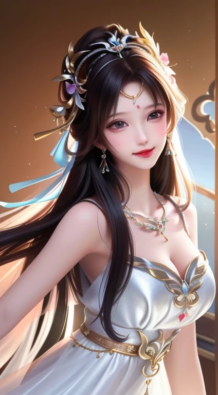 最high quality, masterpiece, High resolution, One girl, Clear Silk Porcelain dress, Pretty face, hair accessory, Looking at the audience, smile, Close your mouth, lips, dress, hair accessory, necklace, jewelry, Long Hair, Earrings, Beautiful Face, body, Tidal effect, realism, Shadow Studio, edge lighting, 2-color illumination, (Skin with attention to detail: 1.2), 8K Ultra HD, Digital SLR, Soft Light, high quality, Volumetric lighting, photograph, High resolution 4K, 8k, blurred background