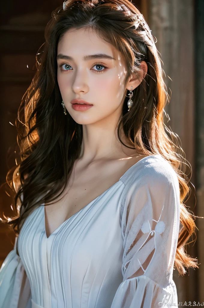 ( masterpiece, top quality, best quality,8k, girl,ultra detailed,raw photo:1.5),(photorealistic:1.4),(cinematic lighting), PerfectNwsjMajic, , Surrealism, UHD, ccurate, Super detail, textured skin, High detail, Best quality, dynamic angle, (high nose,White skin),[Beautiful blue eyes],[flat chest:large breasts:0.5],(1girl),(good anatomy:0.5)), of a woman in a dress with a sword, a beautiful fantasy empress, ((a beautiful fantasy empress)), beautiful fantasy maiden