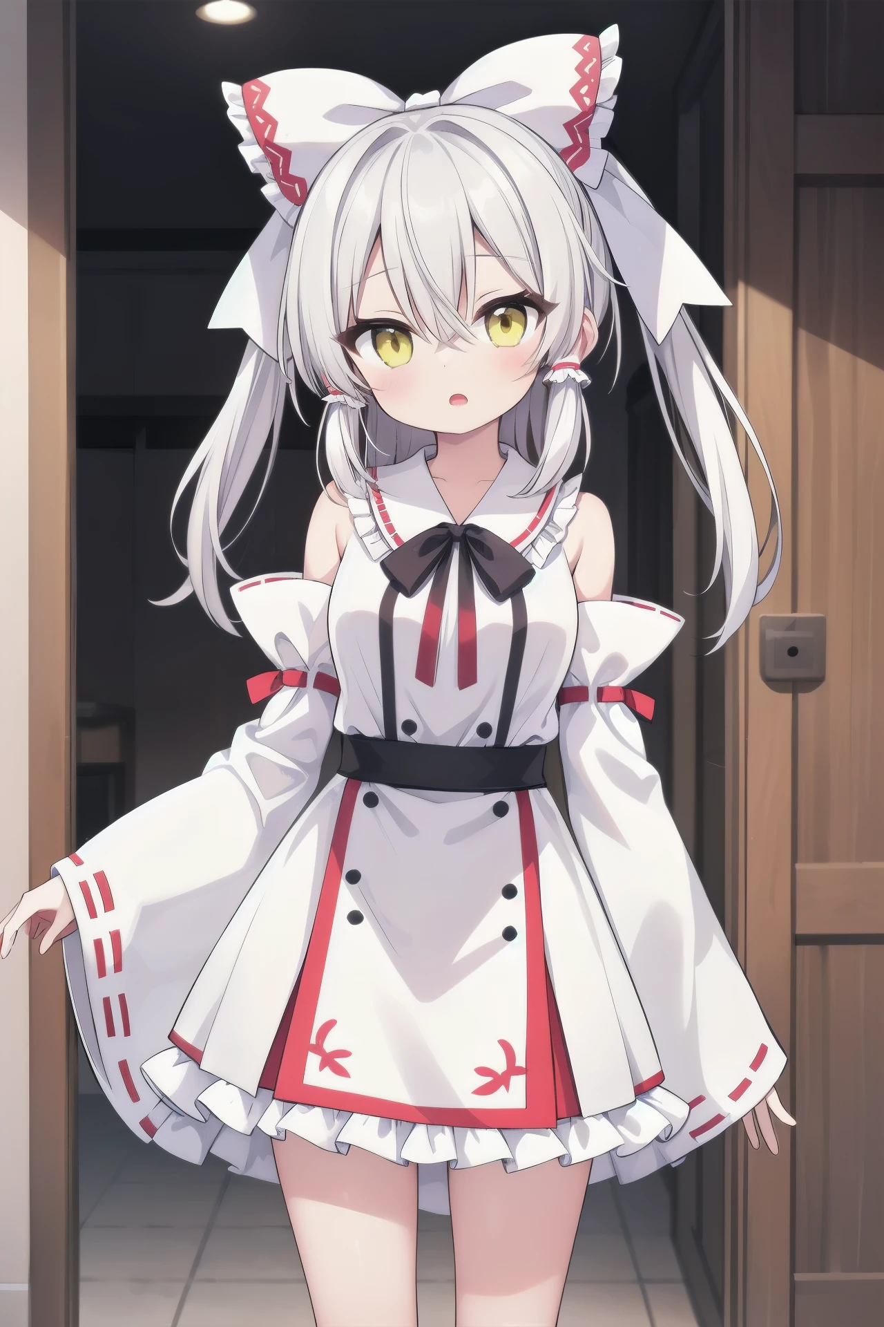 masterpiece, top quality, super detailed, CG illustration, high resolution, better lighting, best shadows, very delicate and beautiful, proper shading, hd, 8k,hakurei reimu, 1girl, solo, long hair, breasts, looking at viewer, open mouth, bangs, white skirt, long sleeves,white dress, bow, white ribbon, hair between eyes, standing, yellow eyes, white hair, hair bow, sidelocks,white frills, parted lips, detached sleeves, wide sleeves, neck ribbon, feet out of frame,white hair tubes, white skirt, white bow, white sleeves, alternate color, alternate eye color, alternate hair color, whitefrilled bow, grey bow