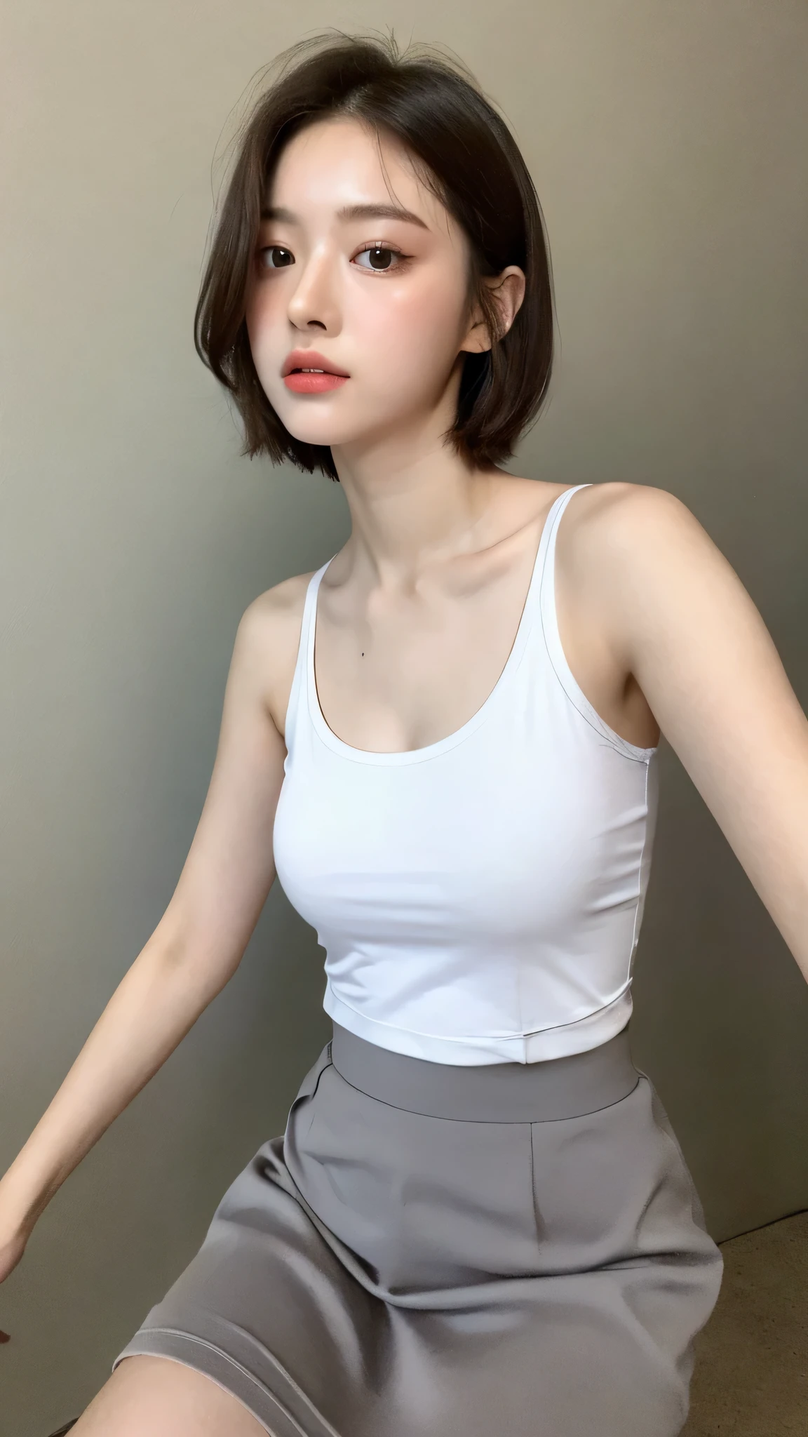 (Very realistic, High resolution:1.3), One girl with a perfect figure, The face and eyes are very delicate.,Short Hair, Random color tank top:1.2,Short skirt, Big Bubu,Baogou