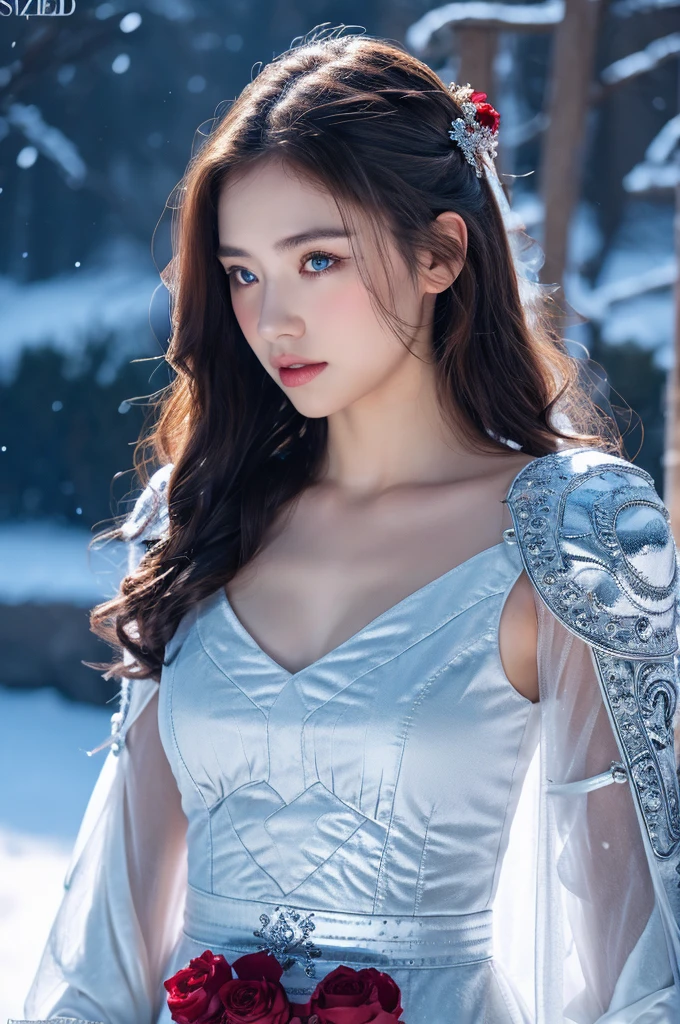 ( masterpiece, top quality, best quality,8k,17 years old girl,ultra detailed,raw photo:1.5),(photorealistic:1.4),(cinematic lighting), PerfectNwsjMajic, , Surrealism, UHD, ccurate, Super detail, textured skin, High detail, Best quality, dynamic angle, (high nose,White skin),[Beautiful blue eyes],[flat chest:large breasts:0.5],(1girl),(good anatomy:0.5)), of a woman in a dress with a sword, a beautiful fantasy empress, ((a beautiful fantasy empress)), beautiful fantasy maiden,snow