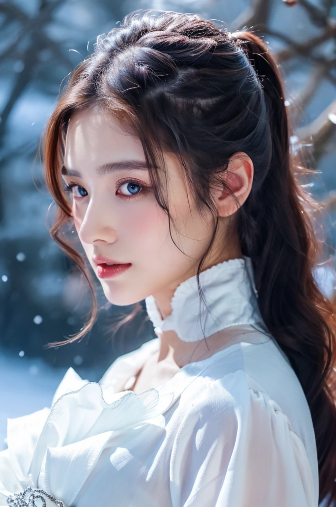 ( masterpiece, top quality, best quality,8k,17 years old girl,ultra detailed,raw photo:1.5),(photorealistic:1.4),(cinematic lighting), PerfectNwsjMajic, , Surrealism, UHD, ccurate, Super detail, textured skin, High detail, Best quality, dynamic angle, (high nose,White skin),[Beautiful blue eyes],[flat chest:large breasts:0.5],(1girl),(good anatomy:0.5)), of a woman in a dress with a sword, a beautiful fantasy empress, ((a beautiful fantasy empress)), beautiful fantasy maiden,snow