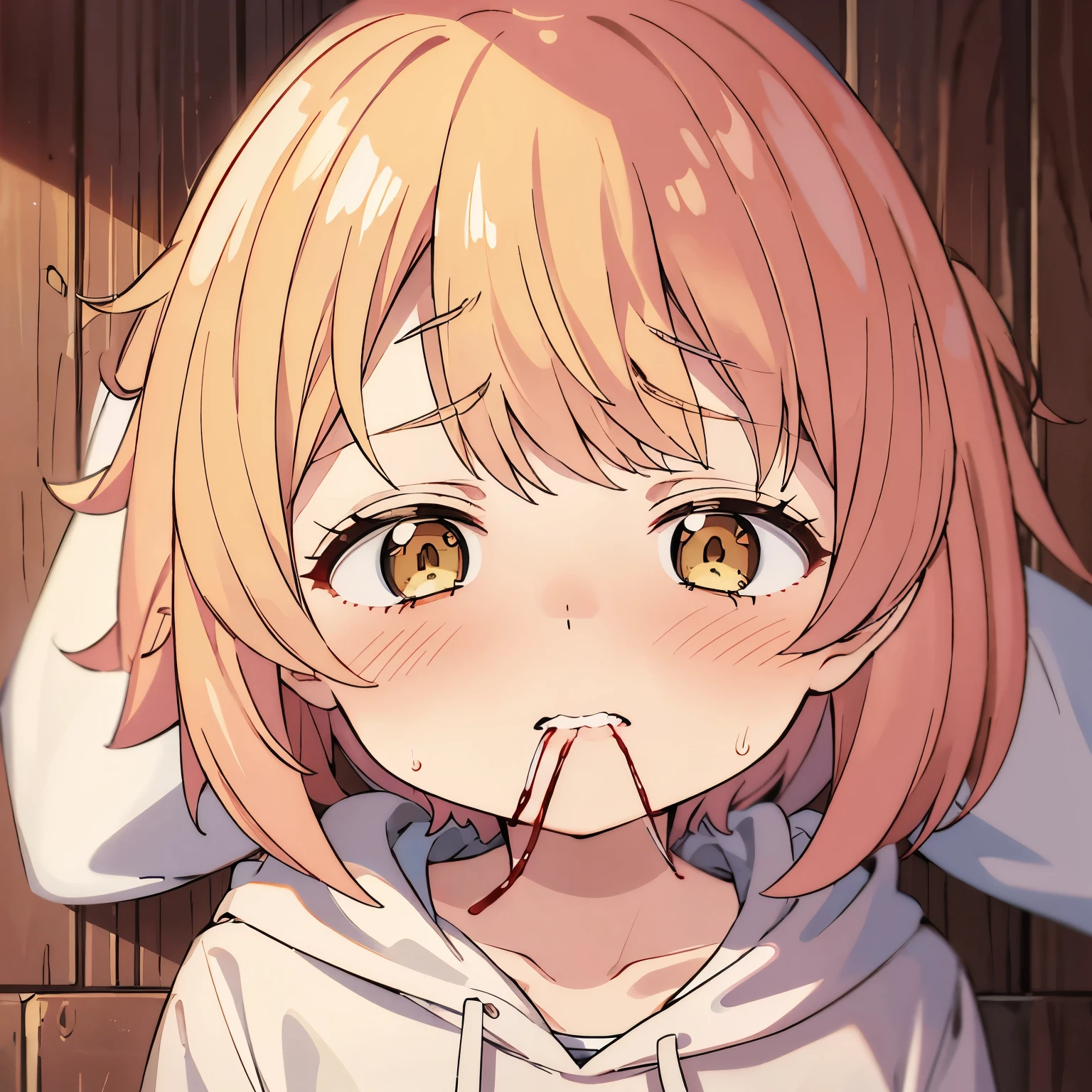 1girl,6 ,blonde hair,Lying,expression of pain, blood in his mouth,blonde hair,blonde hair,blonde hair,short hair,White hoodie, white trousers,very short hair, side bangs,half body photo,ultra detail, ultra HD