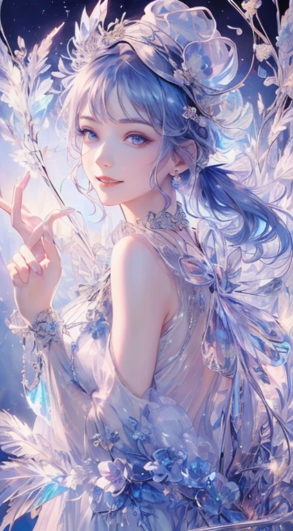 masterpiece，Highest Resolution，((((Bow your head and smile))))，Dynamic avatar of a beautiful aristocratic girl，Her blue hair is elegantly curled，（((Wearing a big flower crown、Bucket hat，gem，Diamond Necklace)))，Purple transparent eyes，(((The hair is covered with beautiful and delicate floral crafts, crystal jewelry filigree)))，Extremely detailed。