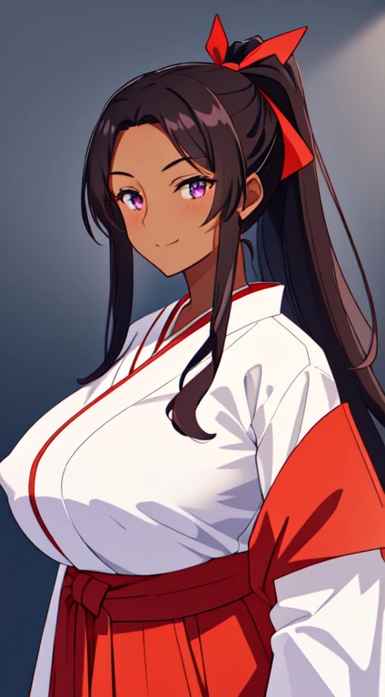 masterpiece, best quality, anime Illustration, 4k, 1 girl, solo, standing, long hair, black hair, violet eyes, high ponytail, red hair ribbon, red ribbon, red hakama and white kimono, thin fabric, nipples, erect nipples, big breasts, huge breasts, looking_at_viewer, motherly smile, upper_body, dark skin, ((Village background:1.0)), ((dark skin: 1.5)), , ((parted bangs: 1.4)),  parted bangs, large forehead, purple eyes, red hakama