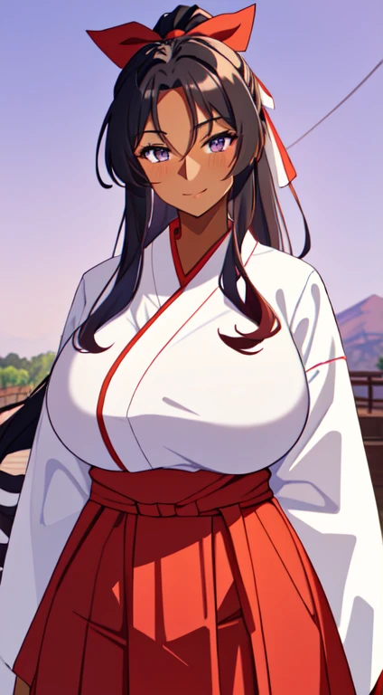 masterpiece, best quality, anime Illustration, 4k, 1 girl, solo, standing, long hair, black hair, violet eyes, high ponytail, red hair ribbon, red ribbon, red hakama and white kimono, thin fabric, nipples, erect nipples, big breasts, huge breasts, looking_at_viewer, motherly smile, upper_body, dark skin, ((Village background:1.0)), ((dark skin: 1.5)), , ((parted bangs: 1.4)),  parted bangs, large forehead, purple eyes, red hakama