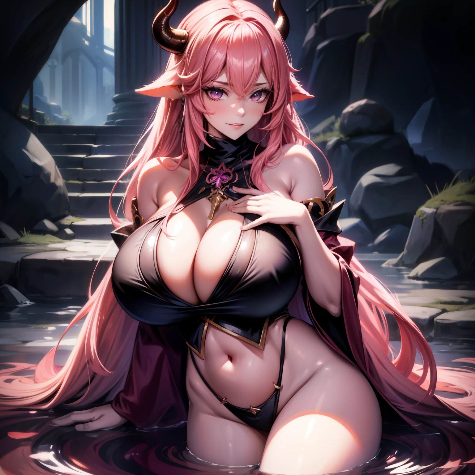 A female demon milf with black demon horn with wet dress, transparent dress getting wet, visible belly button, visible belly, ((demon horn)), extremely long pink rapunzel hair, ((Rapunzel pink hair)), white eyes of the devil., ((white eyes)), voluminous body with huge breasts and bust, ((huge breast and bust)), Magnificent beautiful bright cathedral, wicked and empty look, no shine in the eyes, looking at the viewer, prominently on your legs and breasts;, highlighting breasts and hair, sexy pose, sexualized pose, realistic breast grip, sysie high definition details, photography, insight, Unique 850 4, Koda850 k portrait camera, Spring F1.6 , rich colors, super realistic texture, spectacular light texture, surreal art, Cinestil 800 fashion mechanism