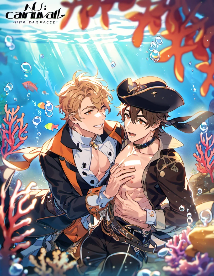 absurdres, highres, ultra detailed, HDR, master piece, best quality, Eiden, brown hair, expressive brown eyes, Nu Carnival, Quincy, blond messy hair, expressive orange eyes, two men together, sexy gay couple, handsome, black hat, fantasy black pirate clothes, accessories, showing the chest, underwater, coral, fish, bubbles