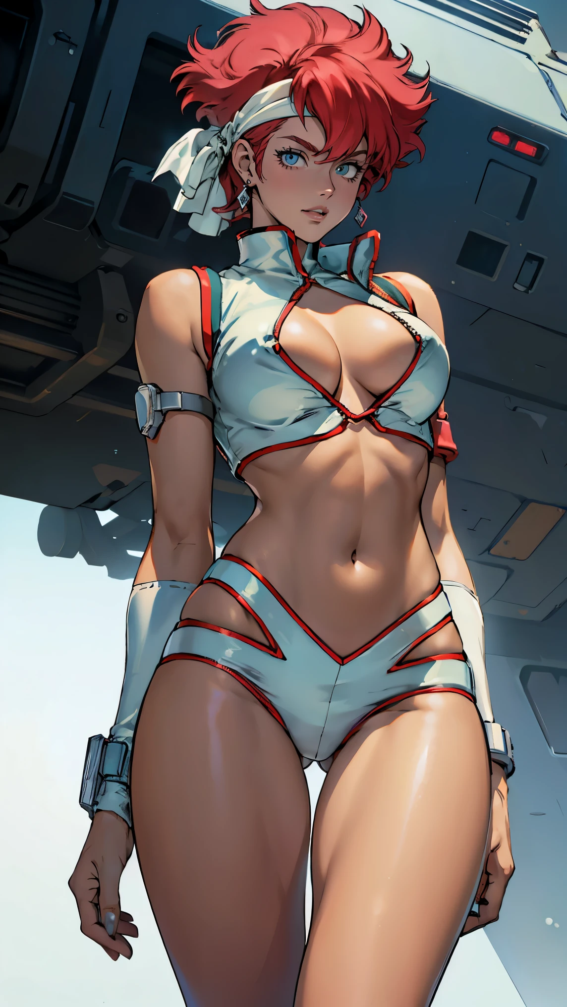 ((Masterpiece, highest quality; 1.3)), super quality, beautiful detail, super detailed, extra fine, 16K, exquisite, absurd, high resolution, beautiful background, detailed background, beautiful eyes, beautiful skin, anime style, Kay from Dirty Pair in a white outfit, tight outfit, cleavage, bushy redhead beauty, very light blue uniform, wearing tight clothes, skimpy, (mid chest: 1.2), cleavage, cleavage, , slim waist, slim thighs, thigh gap, showing stomach, skinny, thin hips, cyberpunk city background, retro space gun holding, headband,