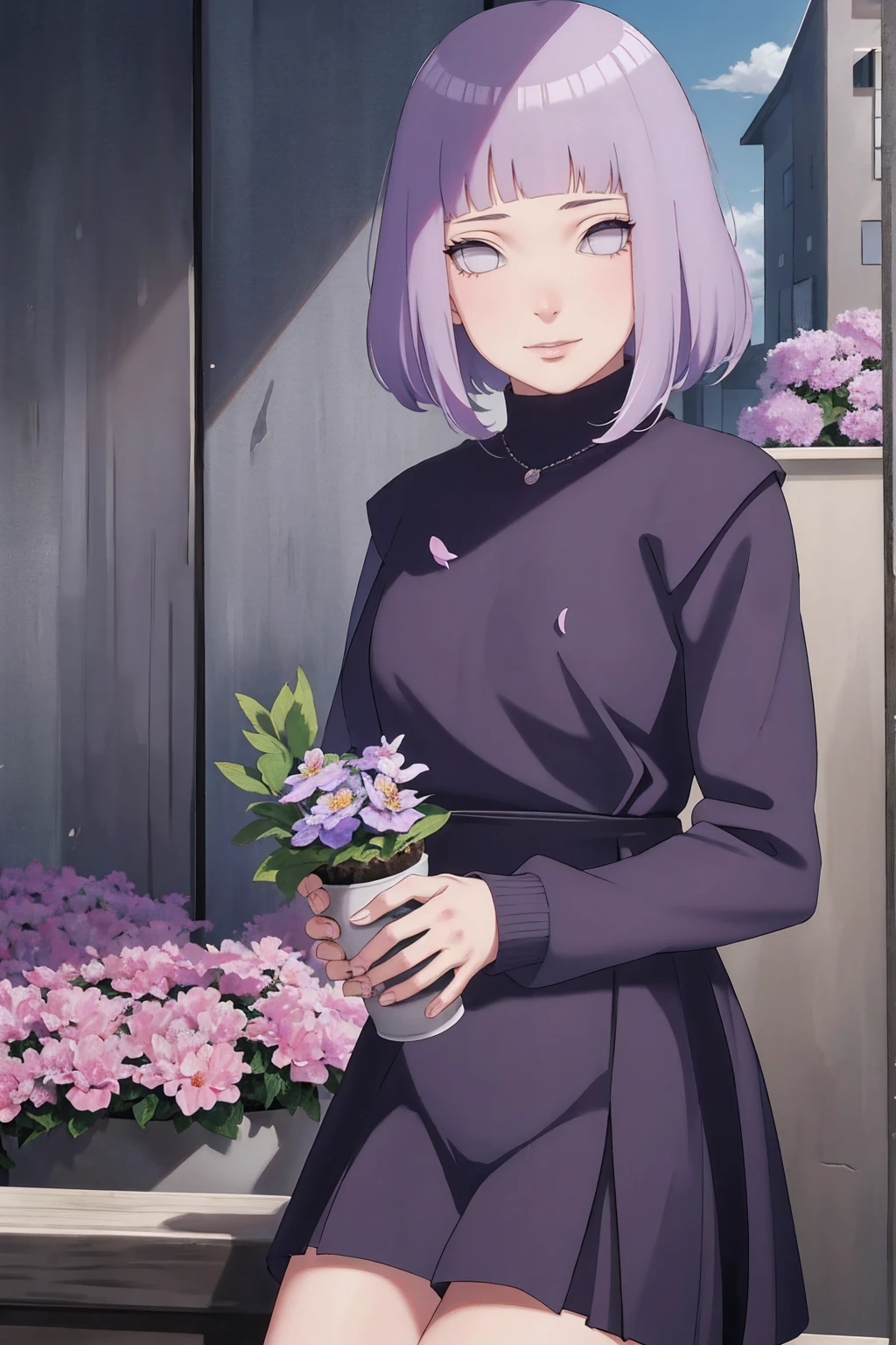 Meisterwerk, absurdres, Hinata\(Boruto\), 1girls, nur,reifes Weibchen, lila Kapuzenpullover,layered sleeves, braune Hose, al fresco,Lavendelblütenfeld, Blick auf den Betrachter, (falling petals), overcast sky, Perfekte Komposition, Detaillierte Lippen, large chest, Beautiful face, Body Propotion, flush, (rosa Lippen), Lange Haare, lila Augen, Sanfter Blick, sad smile, Super realistisch, Detailliert, Fotoshooting, Realistic face and body, Realistisches Haar, Realistische Augen, realistische Nase, Realistische Lippen