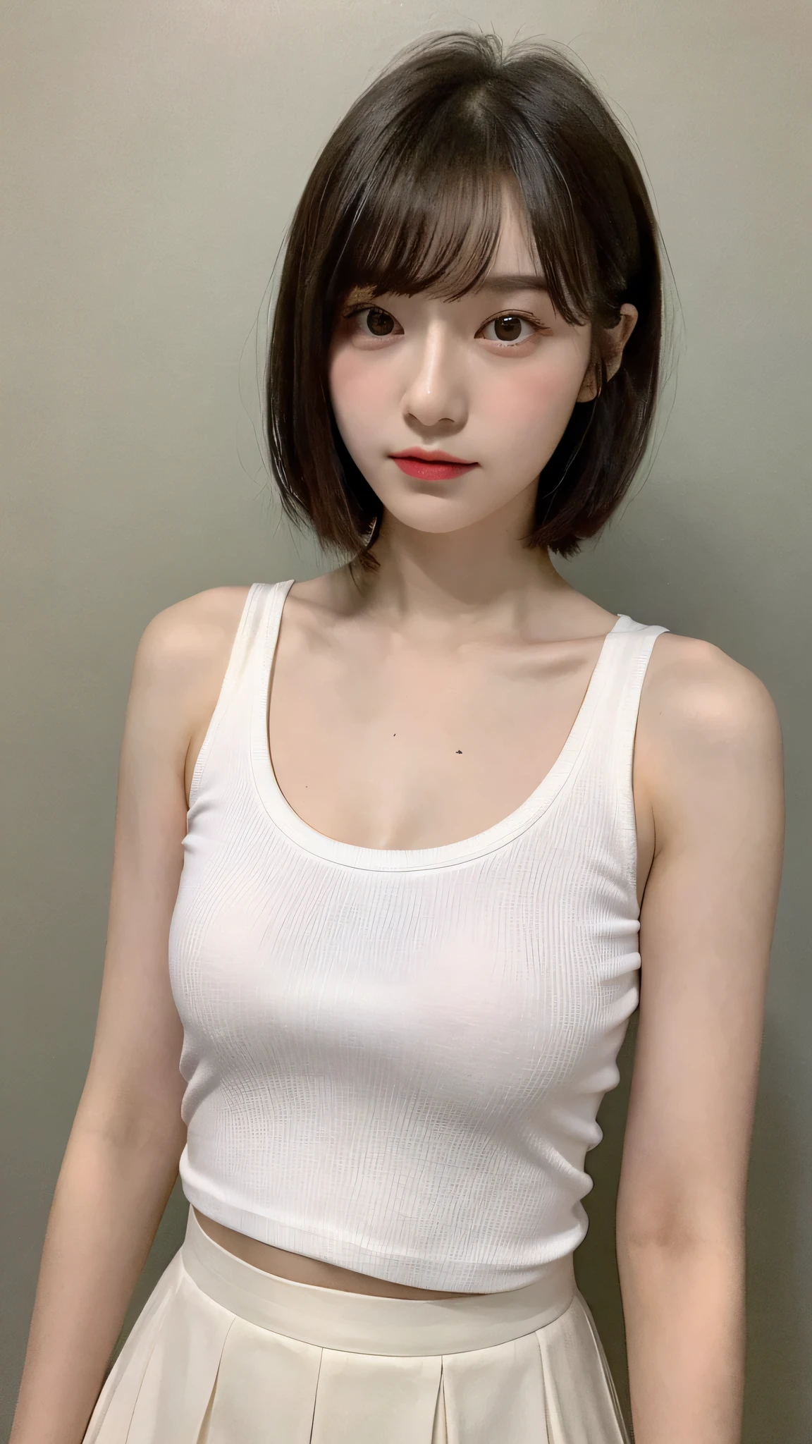 (Very realistic, High resolution:1.3), One girl with a perfect figure, The face and eyes are very delicate.,A little bangs,Short Hair, Random color tank top:1.2,Short skirt, Big Bubu,Baogou