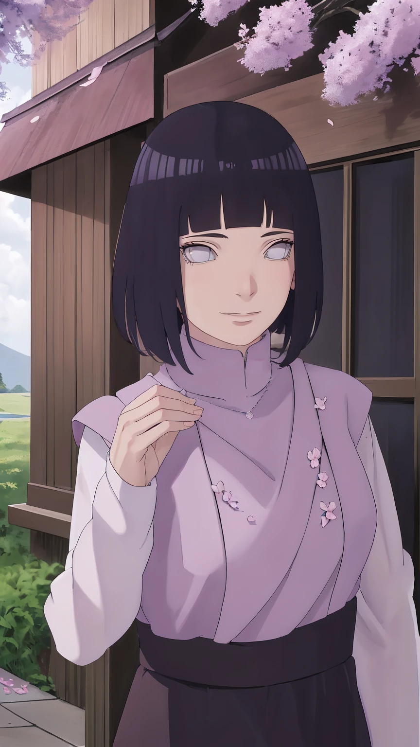 Meisterwerk, absurdres, Hinata\(Boruto\), 1girls, nur,reifes Weibchen, lila Kapuzenpullover,layered sleeves, braune Hose, al fresco,Lavendelblütenfeld, Blick auf den Betrachter, (falling petals), overcast sky, Perfekte Komposition, Detaillierte Lippen, large chest, Beautiful face, Body Propotion, flush, (rosa Lippen), Lange Haare, lila Augen, Sanfter Blick, sad smile, Super realistisch, Detailliert, Fotoshooting, Realistic face and body, Realistisches Haar, Realistische Augen, realistische Nase, Realistische Lippen, delicated smile, upper body