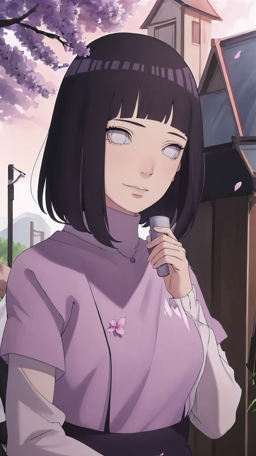 Meisterwerk, absurdres, Hinata\(Boruto\), 1girls, nur,reifes Weibchen, lila Kapuzenpullover,layered sleeves, braune Hose, al fresco,Lavendelblütenfeld, Blick auf den Betrachter, (falling petals), overcast sky, Perfekte Komposition, Detaillierte Lippen, large chest, Beautiful face, Body Propotion, flush, (rosa Lippen), Lange Haare, lila Augen, Sanfter Blick, sad smile, Super realistisch, Detailliert, Fotoshooting, Realistic face and body, Realistisches Haar, Realistische Augen, realistische Nase, Realistische Lippen, delicated smile, upper body