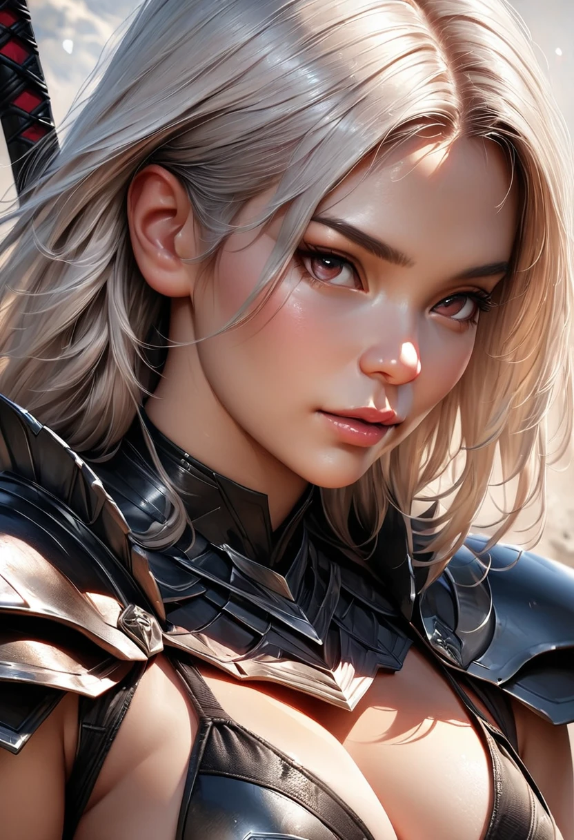 (best quality,4k,8k,highres,masterpiece:1.2),ultra-detailed,(realistic,photorealistic,photo-realistic:1.37),Final Fantasy, detailed long white hair, detailed sexy girl, alluring appearance, single confident girl, (voluptuous figure), Dark Knight, Great Sword, 4K, HDR.  (Sharp focus: 1.5), (sharp focus:1.2), (natural makeup:0.85), (large breasts:1.0), (petite body:1.2), ((Full Body Portrait)), Long Legs, (Black Full Plate Metal Bikini Armor), Sexy Legs, (Full Body View), Tall Girl