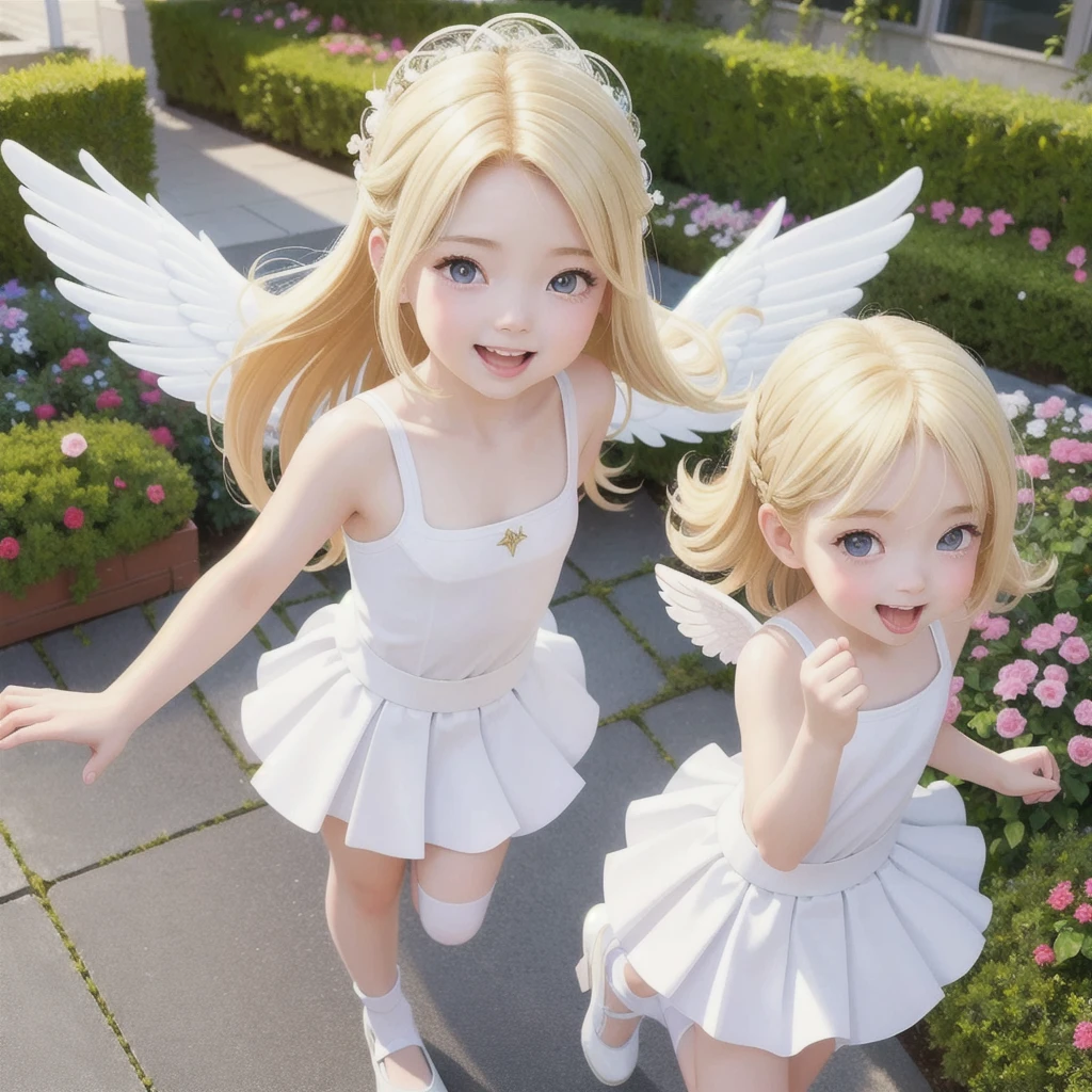 (masterpiece, highest quality, Highest image quality,photorealistic, Raw photo)a girls,(girl is angel),((girl with angel's wing,angel halo floats above her head),blonde hair,very happy smile,mouth open,(skirt lift),showing white panty,low leg panty,strong wind,whole body,(in garden),dynamic pose,three-dimensional,octane rendering,Perfect face,Collagen texture((flowing hair))