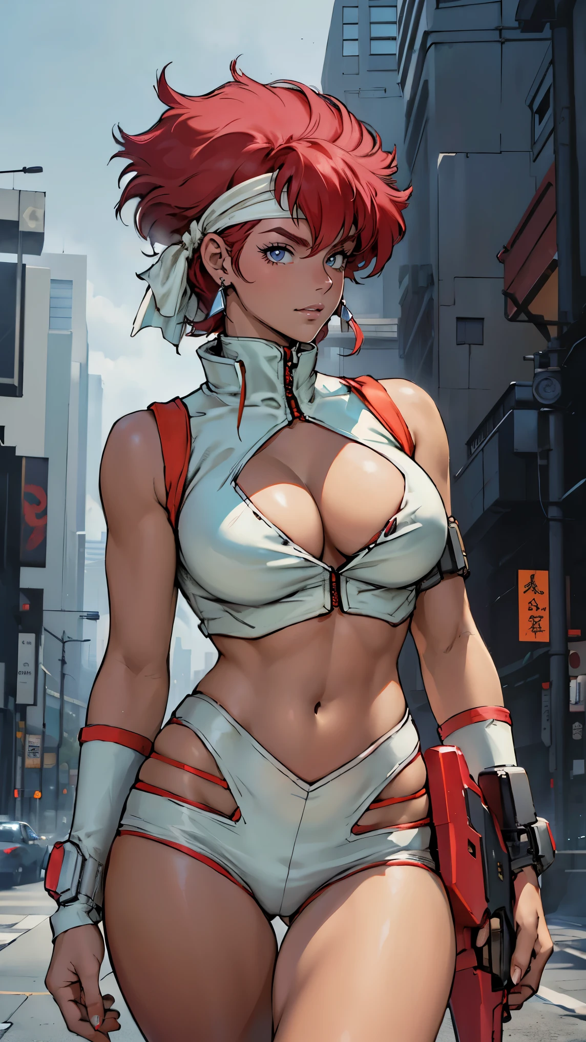 ((Masterpiece, highest quality; 1.3)), super quality, beautiful detail, super detailed, extra fine, 16K, exquisite, absurd, high resolution, beautiful background, detailed background, beautiful eyes, beautiful skin, anime style, Kay from Dirty Pair in a white outfit, tight outfit, cleavage, bushy redhead beauty, very light blue uniform, wearing tight clothes, skimpy, (mid chest: 1.2), cleavage, cleavage, , slim waist, slim thighs, thigh gap, showing stomach, skinny, thin hips, cyberpunk city background, retro space gun holding, headband, 