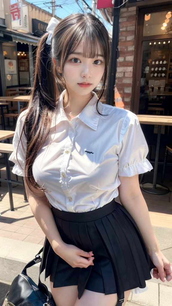 muste piece, best quality, illustration, Super detailed, fine details, High resolution, 8K,wall paper, perfect dynamic composition,(Details High quality, realistic depiction of eyes:1.3), waitress uniform, restaurant, large breasts, pony tail、black hair color, Big Natural Color Lip, bold sexy pose, crying a little、cold gaze, Harajuku style、20 year old girl、cute type、ta、beautiful legs, gravure idol, Voluptuous thighs