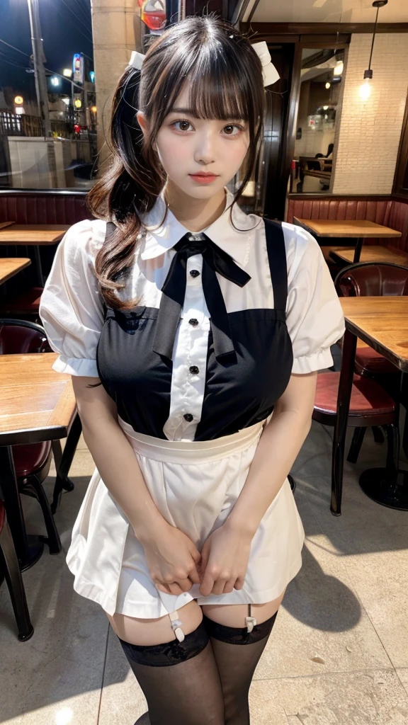 muste piece, best quality, illustration, Super detailed, fine details, High resolution, 8K,wall paper, perfect dynamic composition,(Details High quality, realistic depiction of eyes:1.3), waitress uniform, restaurant, large breasts, pony tail、black hair color, Big Natural Color Lip, bold sexy pose, crying a little、cold gaze, Harajuku style、20 year old girl、cute type、lolita、beautiful legs, gravure idol, Voluptuous thighs