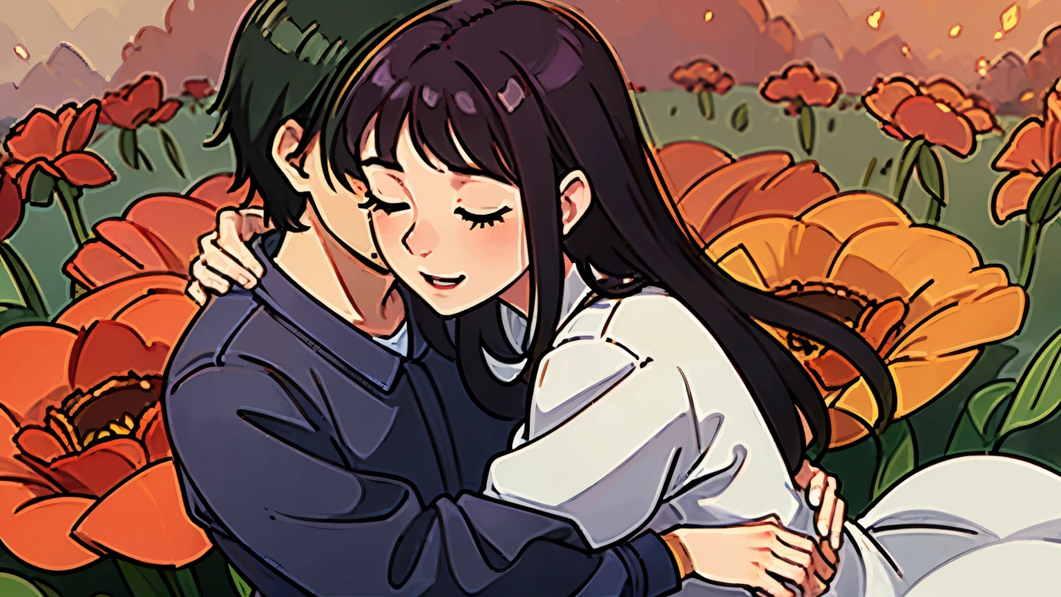 A couple hugging in the flower field