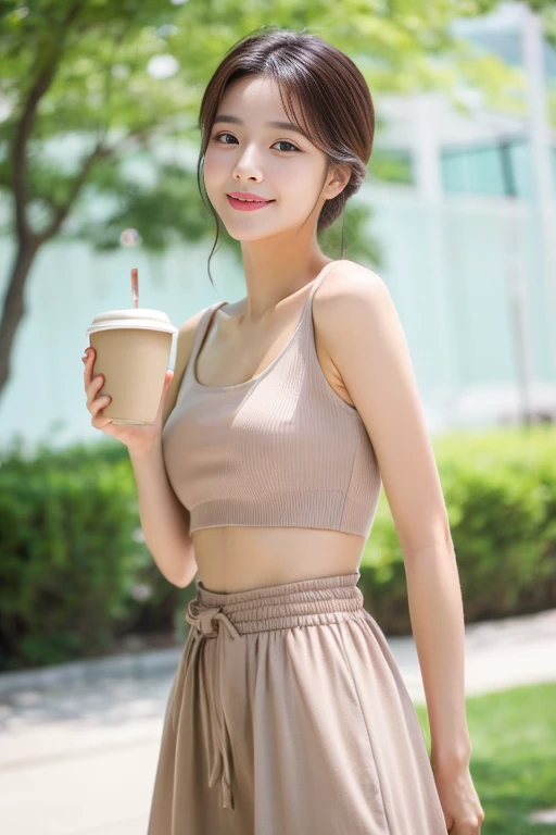 best quality，masterpiece，HD，A pure beauty，Exquisite face shape，Korean makeup，Clear face，Coffee-colored hair，Summer outfit，Small waist，Positive face