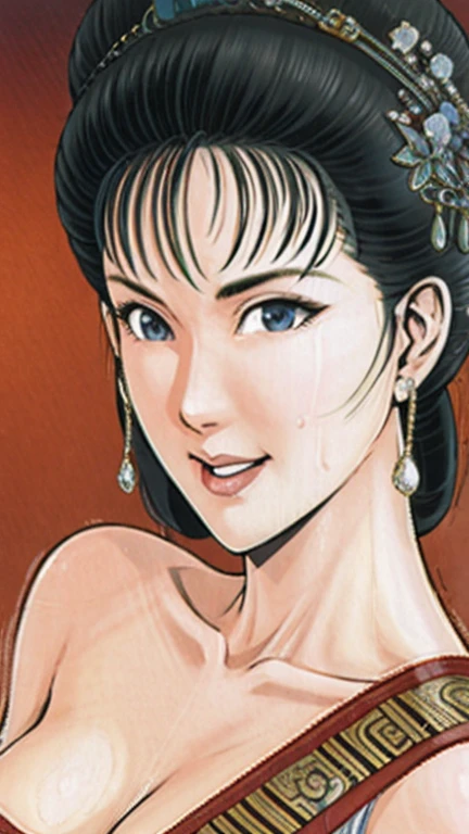 (best quality), (very aesthetic), (ultra-detailed), (best illustration),NSFW,a mature female,Perfect Face,Suikoden,Mrs. Lin,(full_nude),(full_body),big breast,big nipple,red cheek,He is looking down shyly,Sweating,skinny, take off chinese traditional clothes,chinese traditional style bed,
