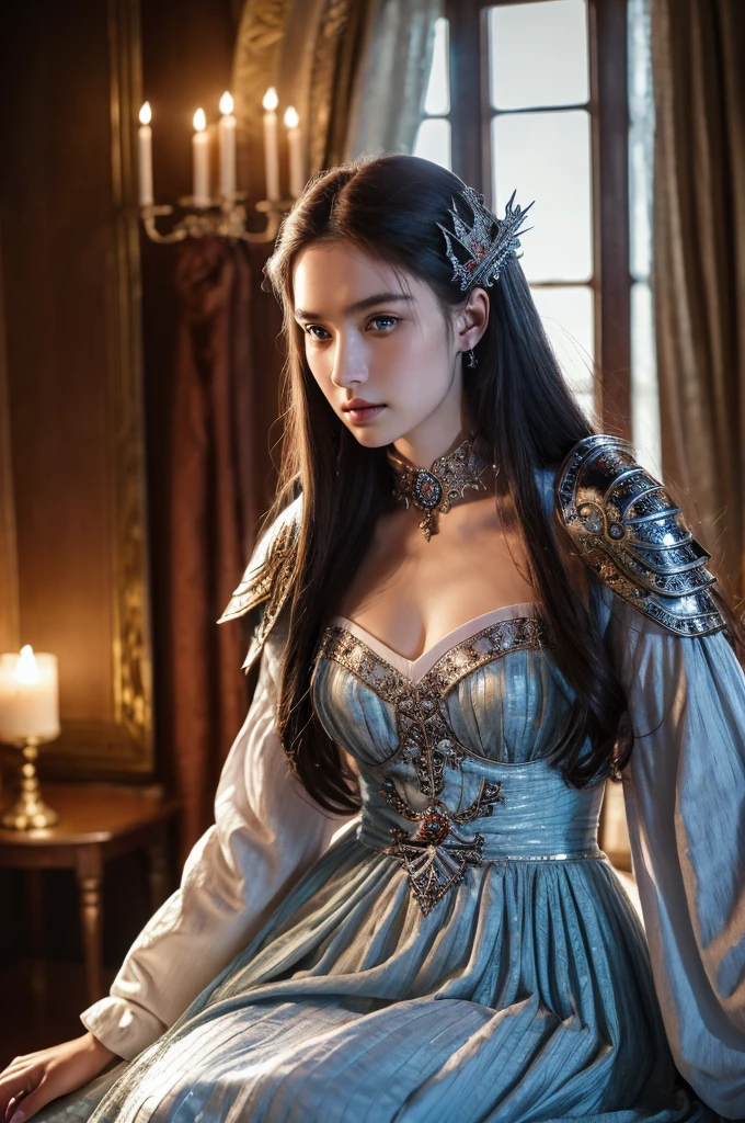 ( masterpiece, top quality, best quality,8k,17 years old girl,ultra detailed,raw photo:1.5),(photorealistic:1.4),(cinematic lighting), PerfectNwsjMajic, , Surrealism, UHD, ccurate, Super detail, textured skin, High detail, Best quality, dynamic angle, (high nose,White skin),[Beautiful blue eyes],[flat chest:large breasts:0.5],(1girl),(good anatomy:0.5)),a woman in a dress with a sword, a beautiful fantasy empress, ((a beautiful fantasy empress)), beautiful fantasy maiden