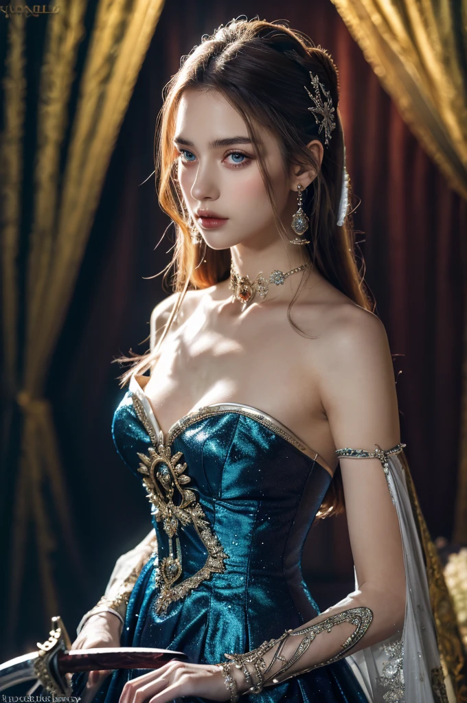 ( masterpiece, top quality, best quality,8k,17 years old girl,ultra detailed,raw photo:1.5),(photorealistic:1.4),(cinematic lighting), PerfectNwsjMajic, , Surrealism, UHD, ccurate, Super detail, textured skin, High detail, Best quality, dynamic angle, (high nose,White skin),[Beautiful blue eyes],[flat chest:large breasts:0.5],(1girl),(good anatomy:0.5)),a woman in a dress with a sword, a beautiful fantasy empress, ((a beautiful fantasy empress)), beautiful fantasy maiden