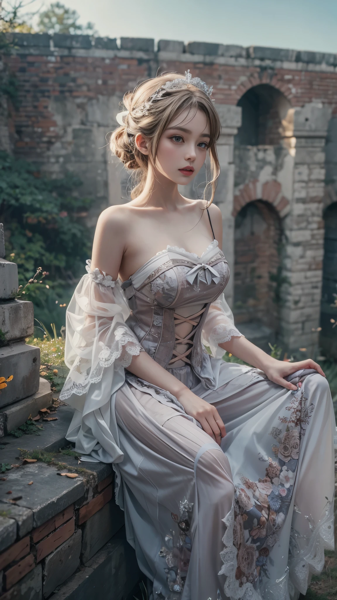 （8k， RAW photos， Best quality， masterpiece：1.2），（Realistically， Shoot real：1.4)
Lolita clothing，Lace， Iris Gainsborough， Upper part of the body， underwear，Expose bare shoulders， external， ancient castle， high quality， Adobe Lightroom， High Detail Skin， Looking at the audience，