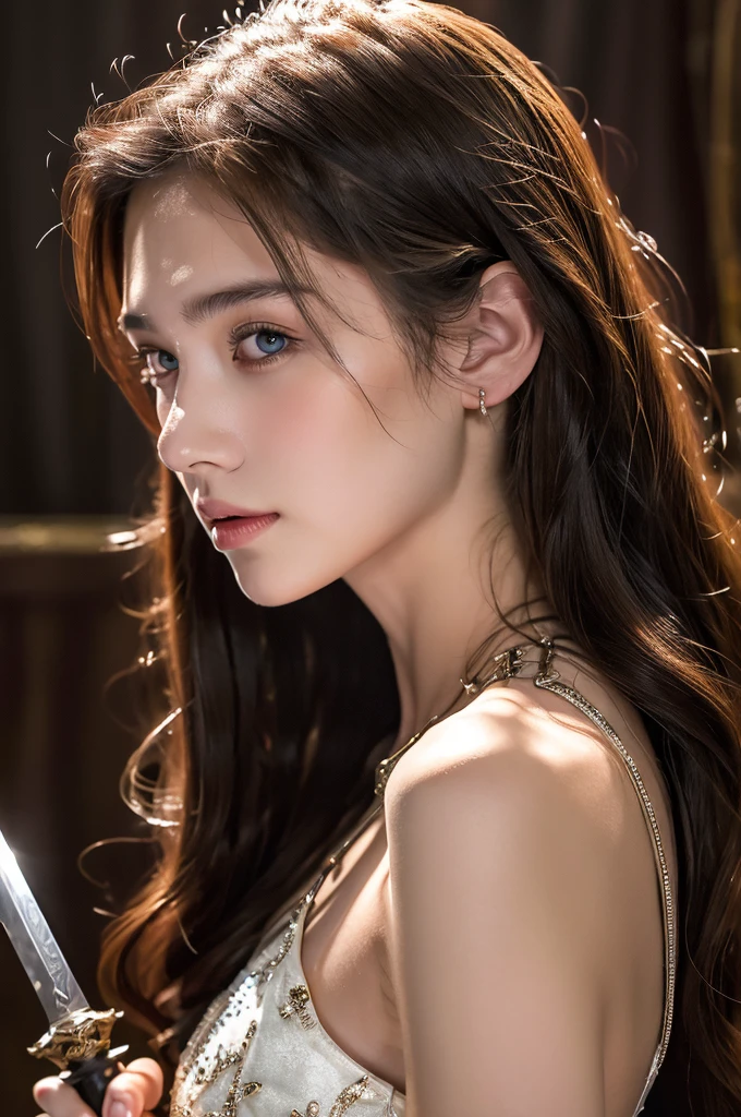 ( masterpiece, top quality, best quality,8k,17 years old girl,ultra detailed,raw photo:1.5),(photorealistic:1.4),(cinematic lighting), PerfectNwsjMajic, , Surrealism, UHD, ccurate, Super detail, textured skin, High detail, Best quality, dynamic angle, (high nose,White skin),[Beautiful blue eyes],[flat chest:large breasts:0.5],(1girl),(good anatomy:0.5)), of a woman in a dress with a sword, a beautiful fantasy empress, ((a beautiful fantasy empress)), beautiful fantasy maiden