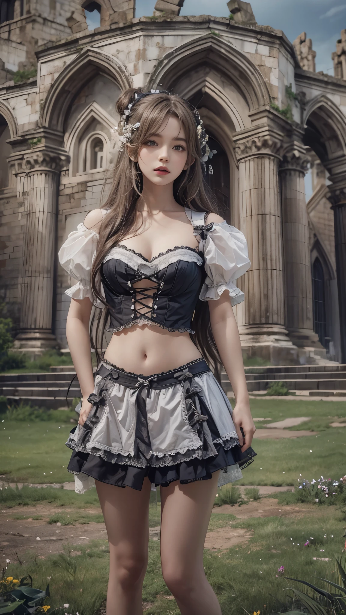 (8k, RAW photos, Best quality, masterpiece:1.2),(Realistically, Shoot real:1.4),looking at camera,Lolita clothing,Lace, Iris Gainsborough, Upper part of the body, underwear,Expose bare shoulders, external, ancient castle, high quality, Adobe Lightroom, High Detail Skin, Looking at the audience,