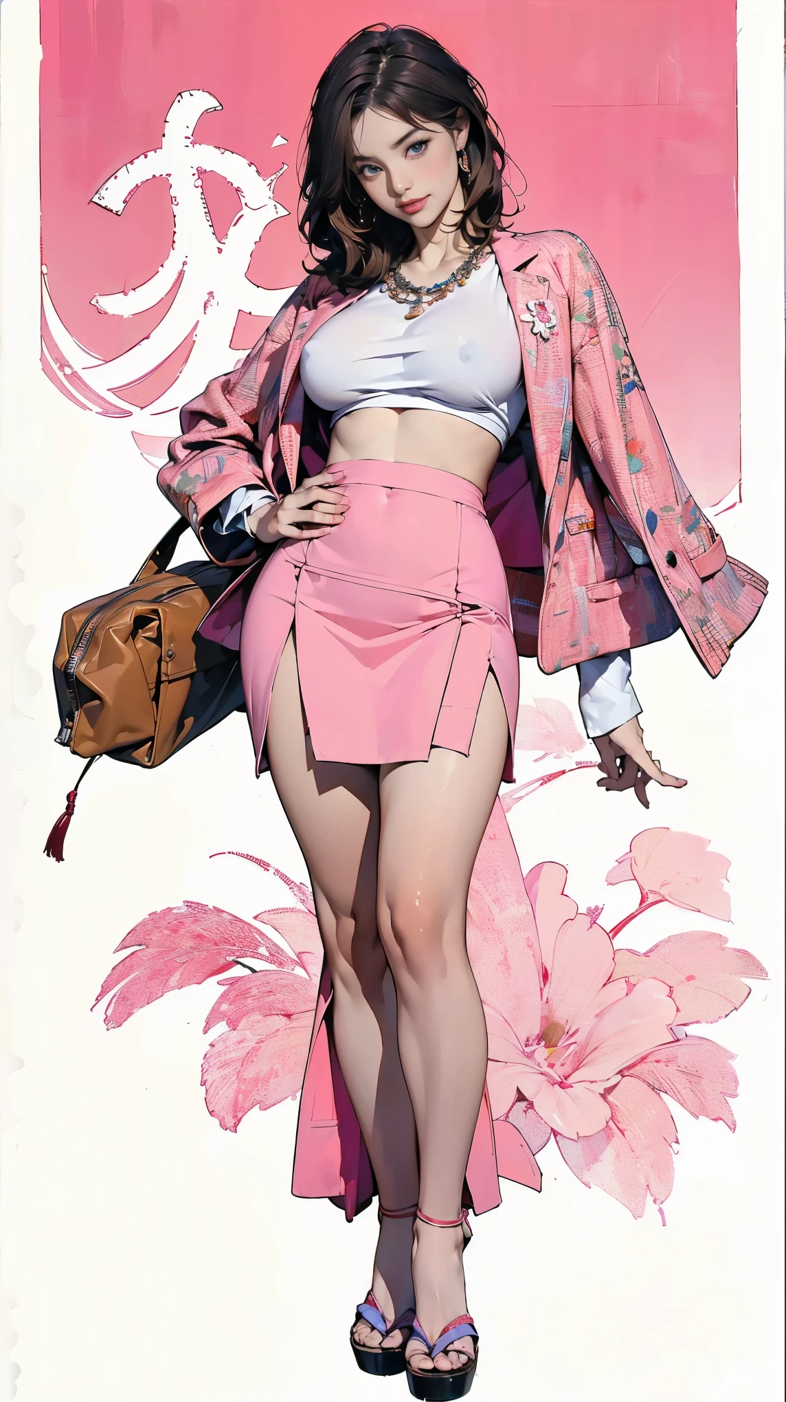 (Ultra-detailed, photorealistic, best quality, 4k,8k, highres, masterpiece:1.3), Featured is Sachi, a graceful figure from Tokyo, Japan, ((who embodies the essence of elegance and charm)), (((She boasts a  stature, standing at 1.55 meters and weighing around 48 kilograms, epitomizing the blend of traditional Japanese beauty and modern allure))), (Her hair is always meticulously arranged), (Her eyes are gentle brown), ((and a physique with a flat abdomen, a peachy posterior, and perfectly round, perky F-cup )), accentuated by her modest demeanor, (((She is wearing a pink tweed suit from Coco Chanel's collection, consisting of a fitted jacket and a matching skirt. Paired with a white blouse, this outfit subtly highlights her curves while maintaining a modest, dignified look))), She accessorizes with a Chanel pearl necklace, and carries a classic quilted leather handbag from Chanel, (exceptionally detailed:1.3),, super finely detailed hands, ultra finely detailed fingers(((ten fingers))), (posing elegantly), (full body showcase), (show full body), (no logos in the background), (no logo), ((traditional Japanese architecture home background)).