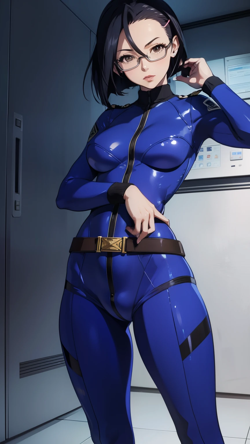 (masterpiece, best quality:1.2),(photoreal)perfect anatomy,solo, 1 middle woman, Niimi Kaoru,(looking at viewer),((saggy small breasts)),((muscular)),((do not hide your crotch)),((do not show your skin)),(cod lips),holding head high,standing,bending knees,spreading legs,both hands on head,hairclip, glasses,((full covered body suit)),jump suit, uniform, high heel,belt