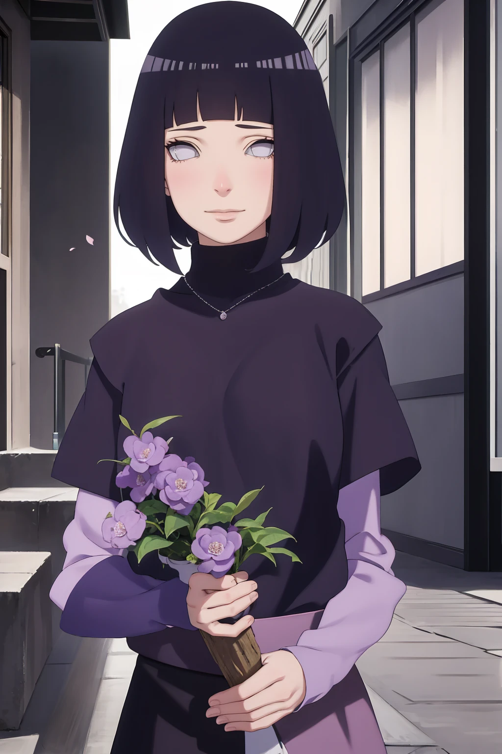 Meisterwerk, absurdres, Hinata\(Boruto\), 1girls, nur,reifes Weibchen, lila Kapuzenpullover,layered sleeves, braune Hose, al fresco,Lavendelblütenfeld, Blick auf den Betrachter, (falling petals), overcast sky, Perfekte Komposition, Detaillierte Lippen, large chest, Beautiful face, Body Propotion, flush, (rosa Lippen), Lange Haare, lila Augen, Sanfter Blick, sad smile, Super realistisch, Detailliert, Fotoshooting, Realistic face and body, Realistisches Haar, Realistische Augen, realistische Nase, Realistische Lippen