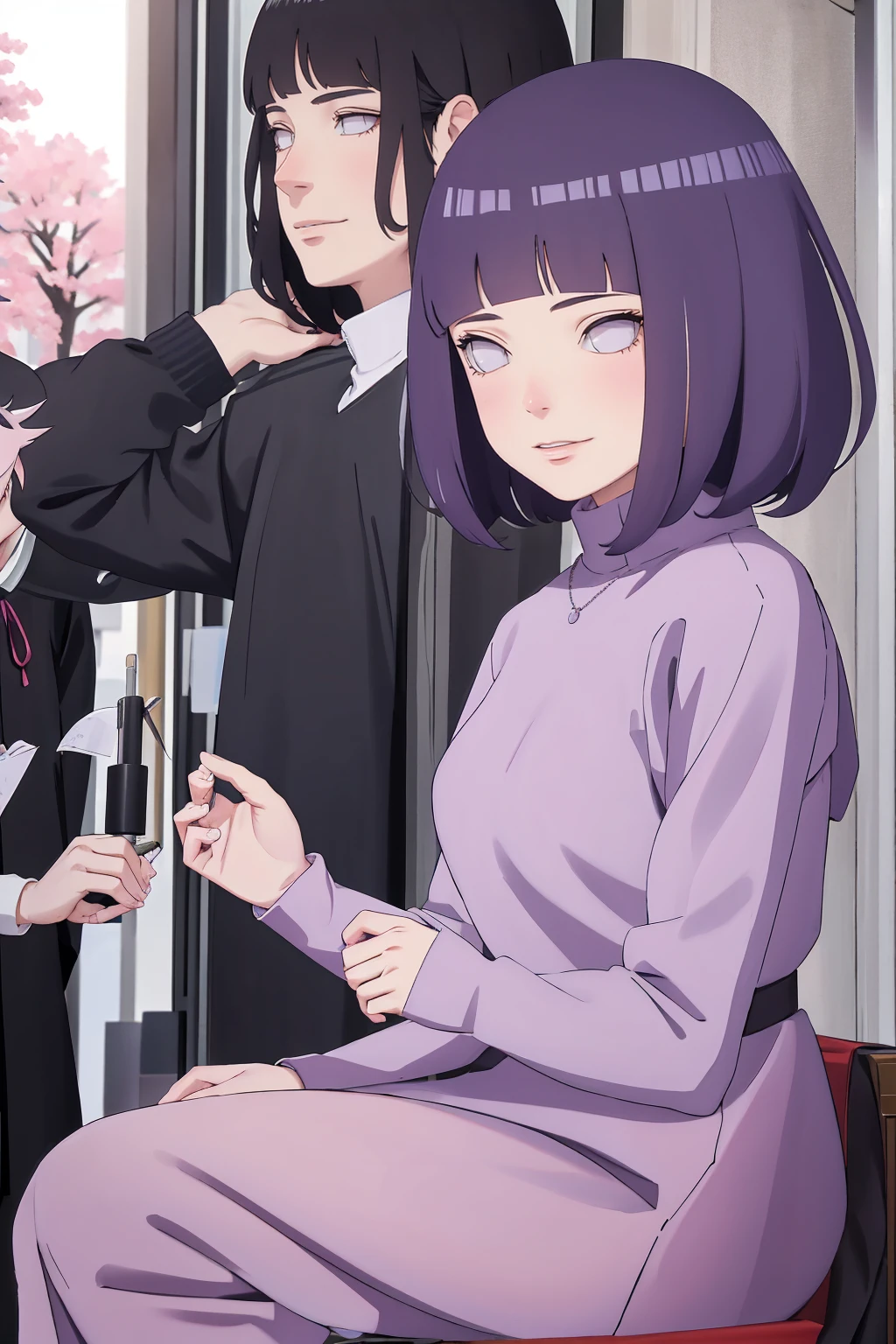 Meisterwerk, absurdres, Hinata\(Boruto\), 1girls, nur,reifes Weibchen, lila Kapuzenpullover,layered sleeves, braune Hose, al fresco,Lavendelblütenfeld, Blick auf den Betrachter, (falling petals), overcast sky, Perfekte Komposition, Detaillierte Lippen, large chest, Beautiful face, Body Propotion, flush, (rosa Lippen), Lange Haare, lila Augen, Sanfter Blick, sad smile, Super realistisch, Detailliert, Fotoshooting, Realistic face and body, Realistisches Haar, Realistische Augen, realistische Nase, Realistische Lippen
