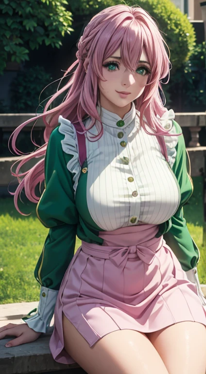 Cute Italian girl, big breasts , Italian lady, Model, long open hair, hair floating,  green color full sleeve clothes, white apron, green eyes and pink hair, short skirt, ultra realistic eyes , sunlight and garden background, bright purple eyes, ultra realistic detailed eyes, innocent eyes, looking at camera, beautiful smile, beautiful face ,pink color hair