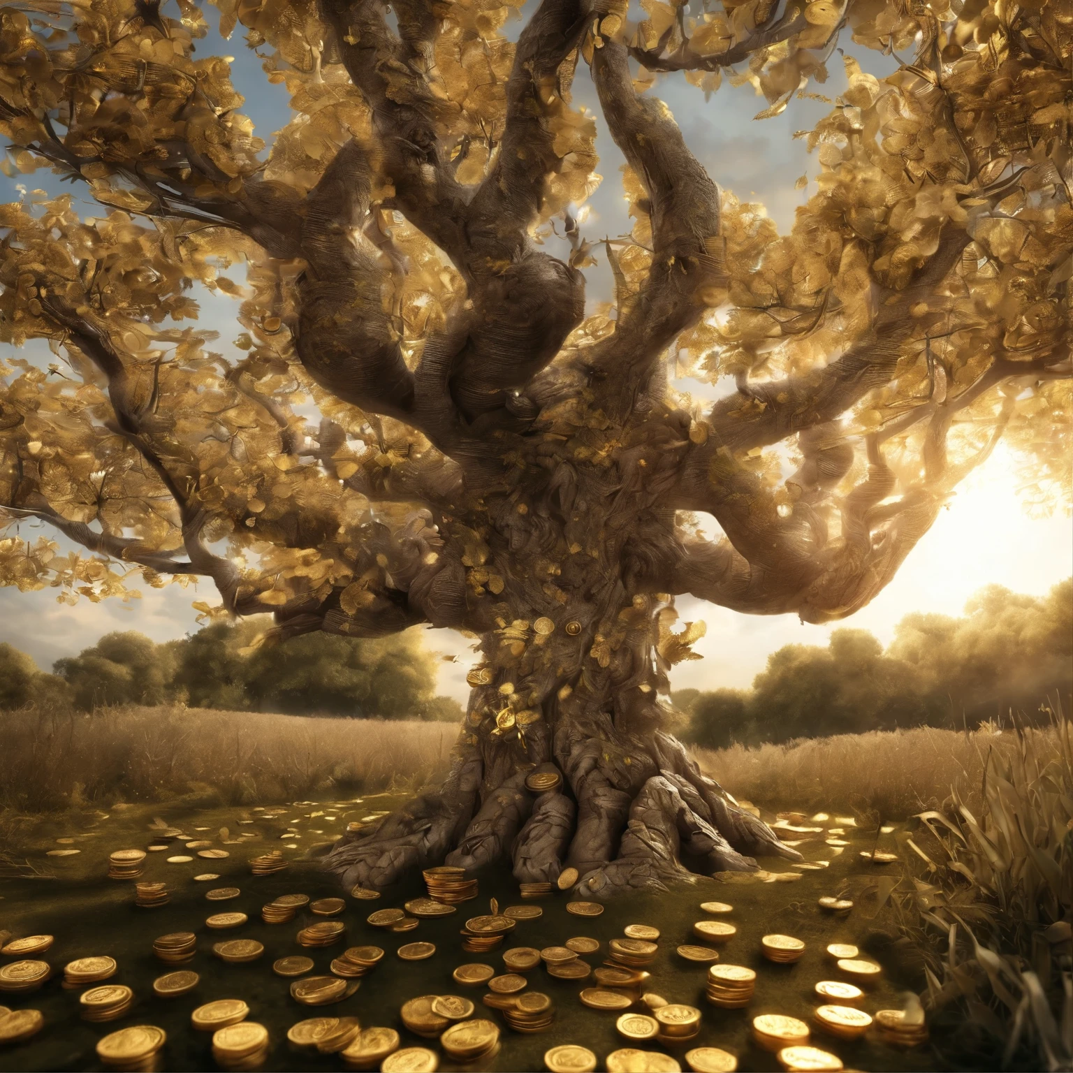 best quality,A tree is surrounded by vines,The tree is surrounded by gold coins,The ground is also covered with gold coins,The sun is shining