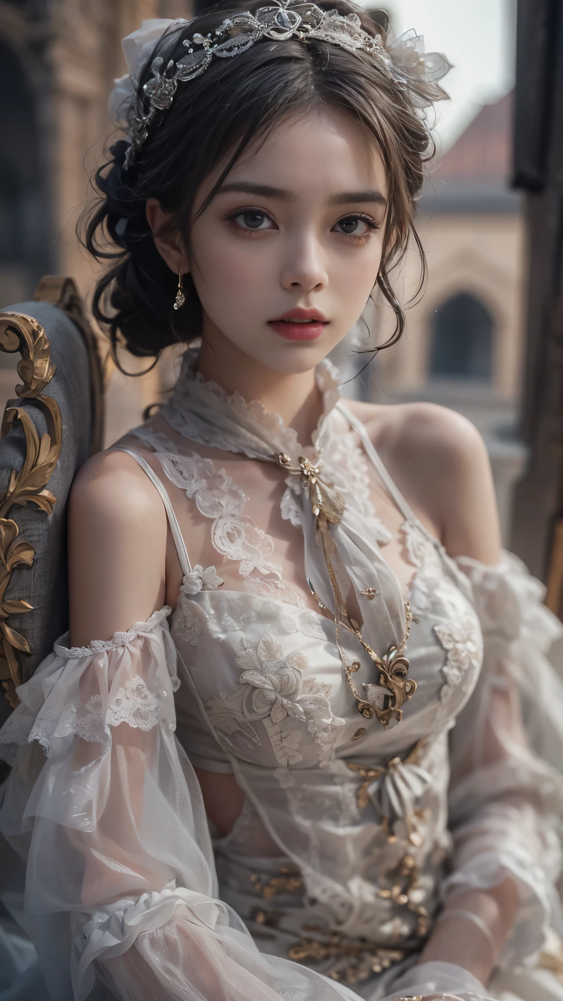 (8k, RAW photos, Best quality, masterpiece:1.2),(Realistically, Shoot real:1.4),looking at camera,Lolita clothing,Lace, Iris Gainsborough, Upper part of the body, underwear,Expose bare shoulders, external, ancient castle, high quality, Adobe Lightroom, High Detail Skin, Looking at the audience,