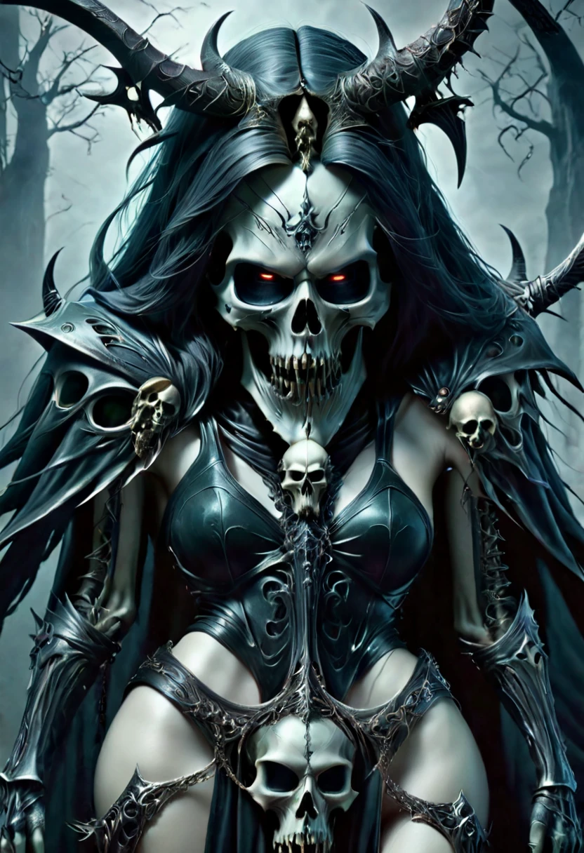 True Grim reaper, death, realistic skeletal face, undead skull head, gorgeous seductive body, seductive pose,