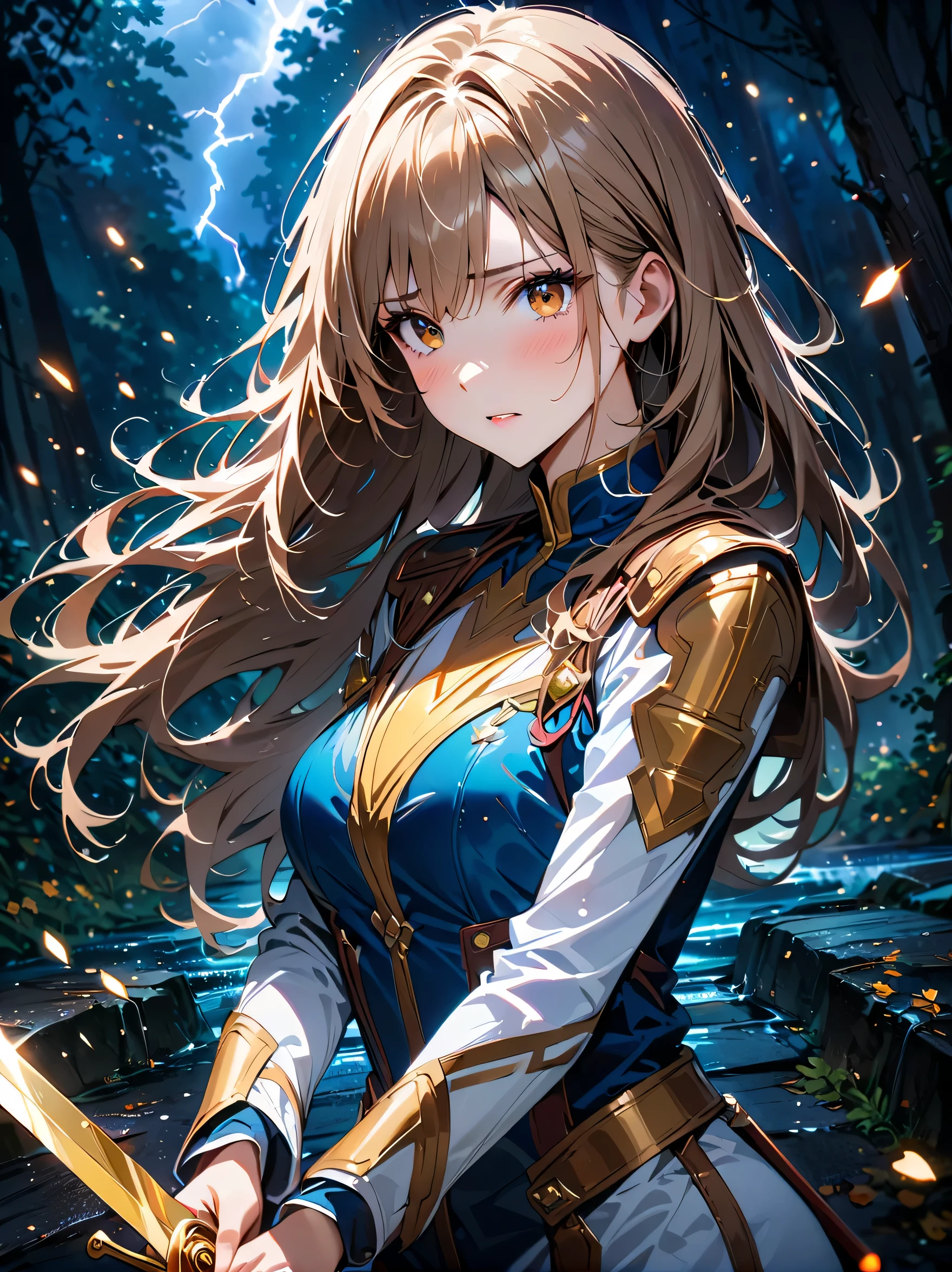 Fantasy, forest landscape photo, Swedish beauty, skin moist and shiny, (18-year-old female swordsman in a glittering battle uniform, with glittering golden decorations and a long sword that shines), (path, night, thunderstorm, terrible) cloudy, rainwater: 1.2), (details: 1.2), light, sad, brown eyes, symmetrical features, delicate hands, exquisite fingers, glittering battle uniforms, (masterpiece: 1.2), (magnificent Composition: 1.4), (Talent: 1.2), Super detailed, Very detailed, Crazy details, (Real photo: 1.2), High resolution, 8k, Exquisite, Sharp, Grace, Dreamy bright colors, high quality,