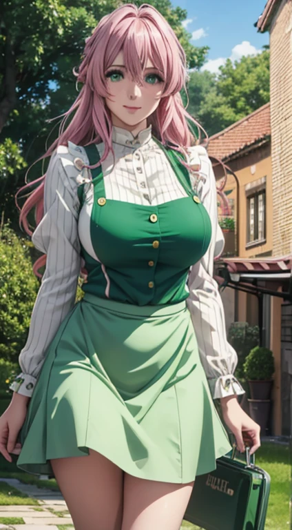 Cute Italian girl, big breasts , Italian lady, Model, long open hair, hair floating, green color full sleeve clothes, white apron, green eyes and pink hair, short skirt, ultra realistic eyes , sunlight and garden background, bright purple eyes, ultra realistic detailed eyes, innocent eyes, looking at camera, beautiful smile, beautiful face ,pink color hair