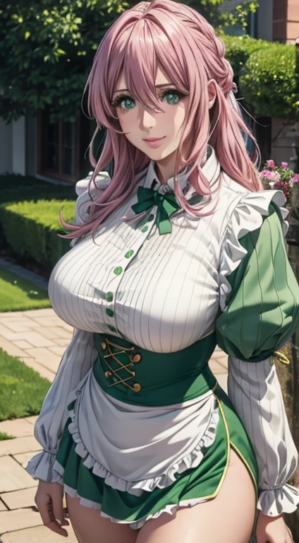 Cute Italian girl, big breasts , Italian lady, Model, long open hair, hair floating,  green color full sleeve clothes, white apron, green eyes and pink hair, short skirt, ultra realistic eyes , sunlight and garden background, bright purple eyes, ultra realistic detailed eyes, innocent eyes, looking at camera, beautiful smile, beautiful face ,pink color hair