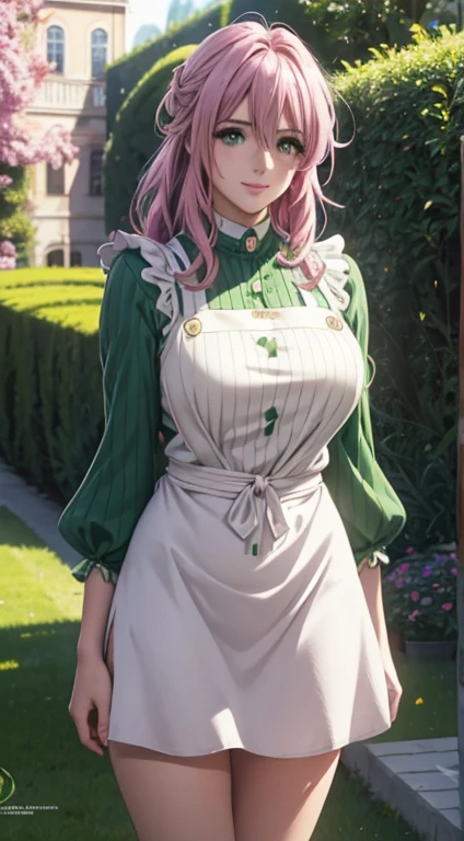 Cute Italian girl, big breasts , Italian lady, Model, long open hair, hair floating,  green color full sleeve clothes, white apron, green eyes and pink hair, short skirt, ultra realistic eyes , sunlight and garden background, bright purple eyes, ultra realistic detailed eyes, innocent eyes, looking at camera, beautiful smile, beautiful face ,pink color hair