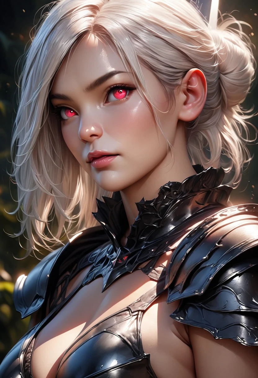 (best quality,4k,8k,highres,masterpiece:1.2),ultra-detailed,(realistic,photorealistic,photo-realistic:1.37),Final Fantasy, detailed long white hair, detailed sexy girl, alluring appearance, single confident girl, (voluptuous figure), Dark Knight, Great Sword, 4K, HDR. (Sharp focus: 1.5), (sharp focus:1.2), (natural makeup:0.85), (large breasts:1.0), (petite body:1.2), ((Full Body Portrait)), Long Legs, (Black Full Plate Metal Bikini Armor), Sexy Legs, (Full Body View), Tall Girl, Head to toe Detail, Glowing Red Eyes, Messy bun Hair