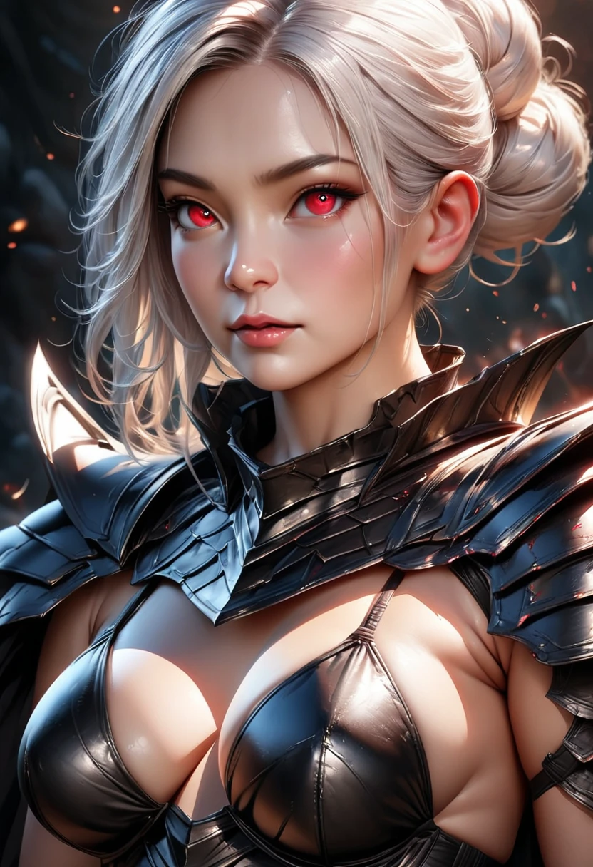 (best quality,4k,8k,highres,masterpiece:1.2),ultra-detailed,(realistic,photorealistic,photo-realistic:1.37),Final Fantasy, detailed long white hair, detailed sexy girl, alluring appearance, single confident girl, (voluptuous figure), Dark Knight, Great Sword, 4K, HDR. (Sharp focus: 1.5), (sharp focus:1.2), (natural makeup:0.85), (large breasts:1.0), (petite body:1.2), ((Full Body Portrait)), Long Legs, (Black Full Plate Metal Bikini Armor), Sexy Legs, (Full Body View), Tall Girl, Head to toe Detail, Glowing Red Eyes, Messy bun Hair