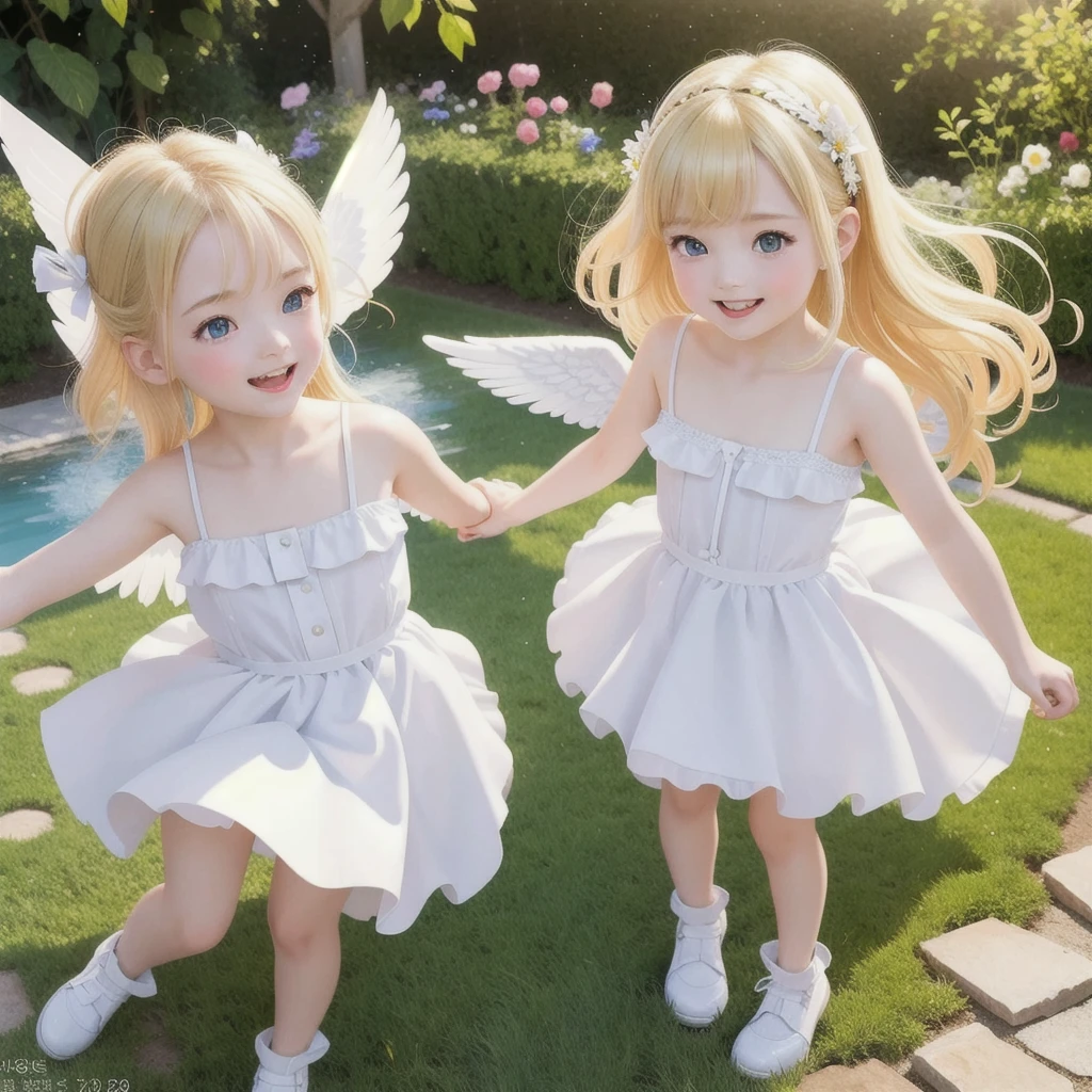 (masterpiece, highest quality, Highest image quality,photorealistic, Raw photo)a girls,(girl is angel),((girl with angel's wing,angel halo floats above her head),blonde hair,very happy smile,mouth open,(skirt lift,showing white panty,low leg panty),strong wind,whole body,(in garden),dynamic pose,three-dimensional,octane rendering,Perfect face,